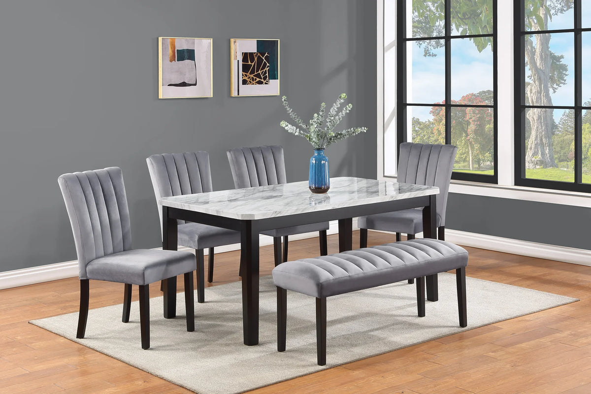 Bridgend Black Finish Wood 6-Piece White Faux Marble Top Dining Table Set with Bench – 9441-6PC