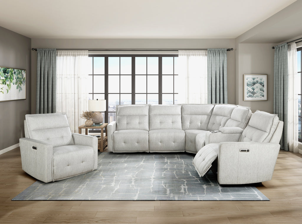 Homelegance  9444HMP-6SCPWH 6 pc Salida hemp white textured fabric sectional sofa with power recliner ends and console charging pad