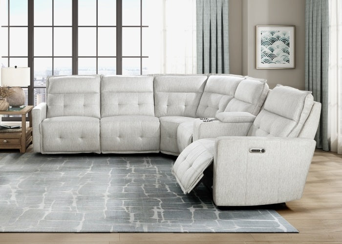 Homelegance  9444HMP-6SCPWH 6 pc Salida hemp white textured fabric sectional sofa with power recliner ends and console charging pad