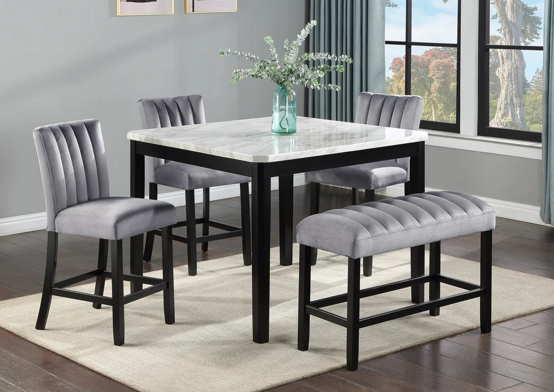 9445-5PC-B 5 pc Bridgend black finish wood white faux marble top counter height dining table set with bench