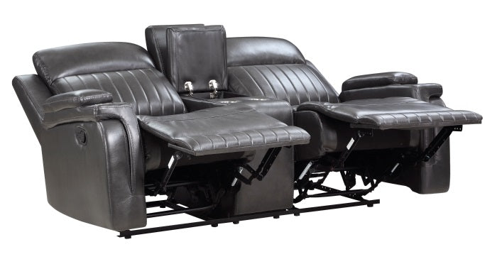 Homelegance 9456DG-2PC 2 pc Broomfield grey faux leather sofa and love seat with recliner ends channel tufted design backs