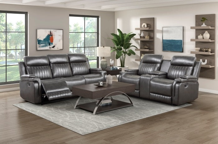 Homelegance 9456DG-2PC 2 pc Broomfield grey faux leather sofa and love seat with recliner ends channel tufted design backs