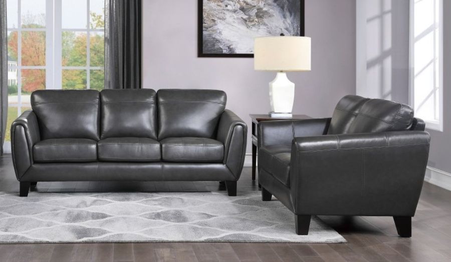 Homelegance 9460DG-2PC 2 pc Spivey mid century modern dark gray top grain leather match sofa and love seat set wide arms