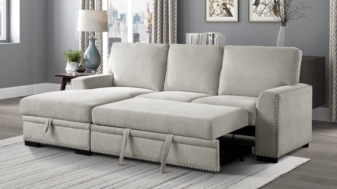 Homelegance 9468BE-2LC2R 2 pc Morelia beige chenille fabric sectional sofa with storage chaise and pop up sleep area