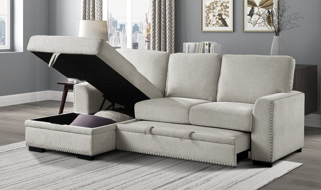 Homelegance 9468BE-2LC2R 2 pc Morelia beige chenille fabric sectional sofa with storage chaise and pop up sleep area
