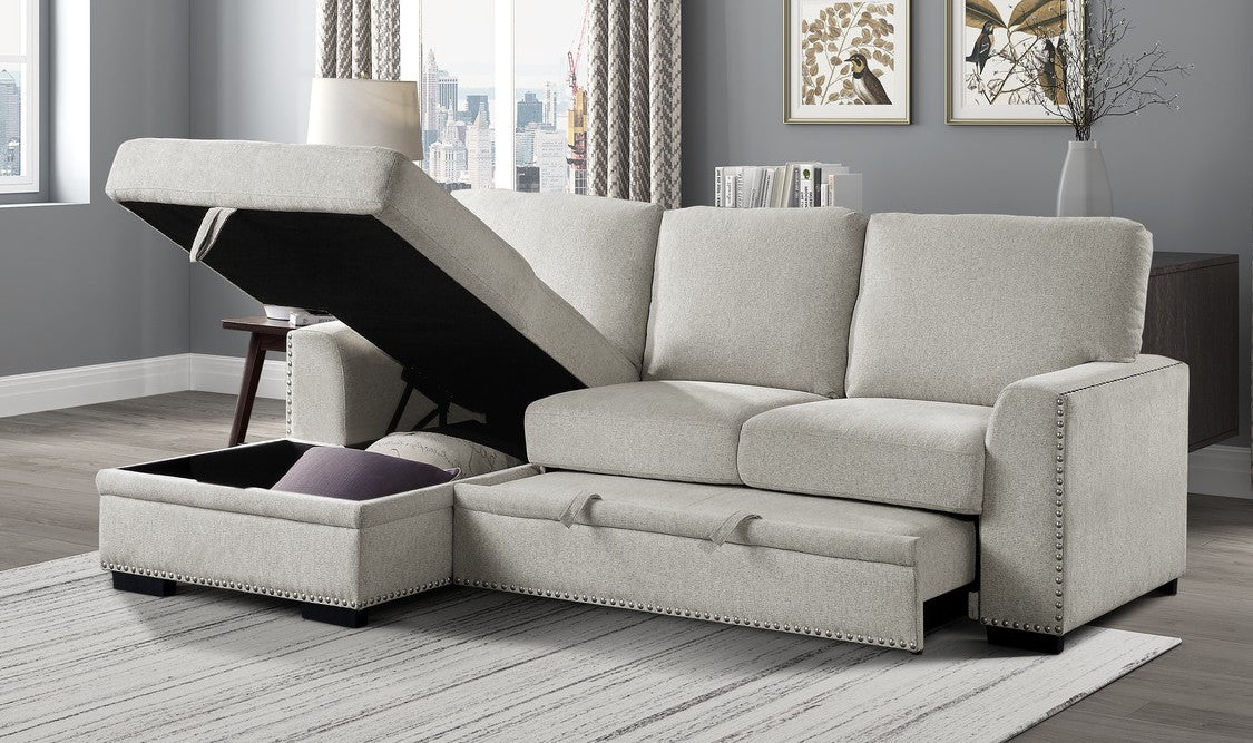 Homelegance 9468BE-2LC2R 2 pc Morelia beige chenille fabric sectional sofa with storage chaise and pop up sleep area