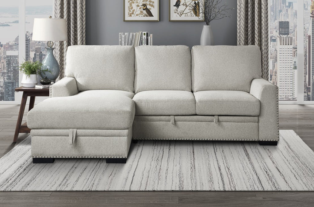Homelegance 9468BE-2LC2R 2 pc Morelia beige chenille fabric sectional sofa with storage chaise and pop up sleep area