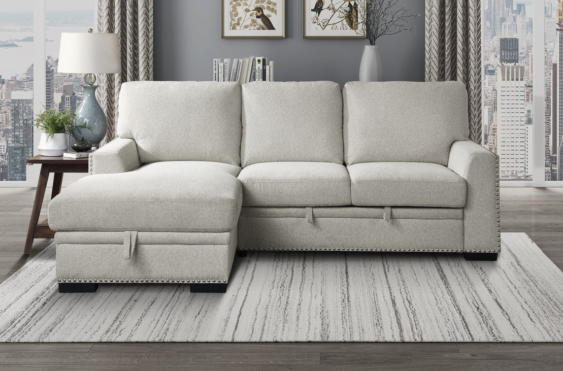 Homelegance 9468BE-2LC2R 2 pc Morelia beige chenille fabric sectional sofa with storage chaise and pop up sleep area