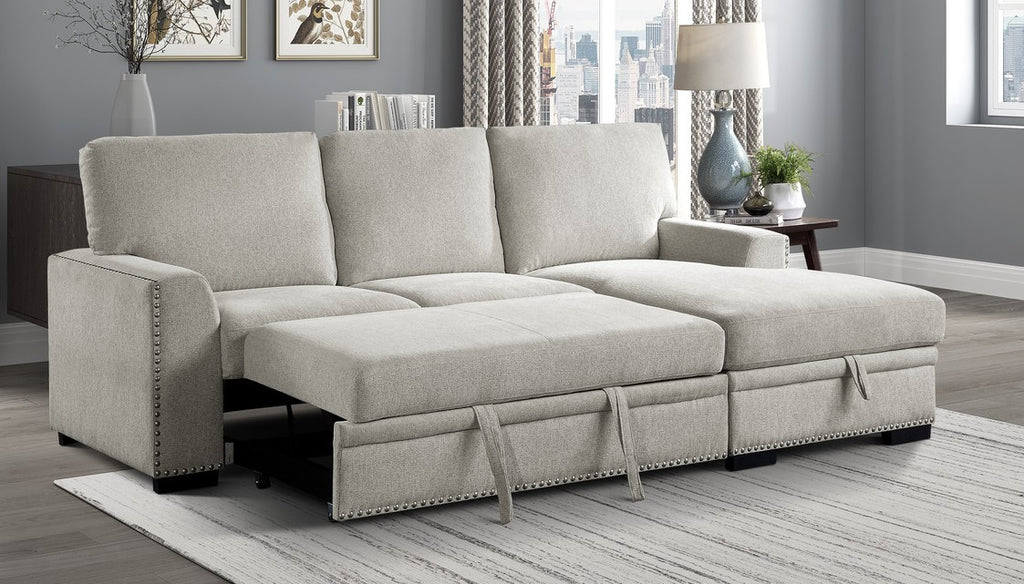Homelegance 9468BE-2RC2L 2 pc Morelia beige chenille fabric sectional sofa with storage chaise and pop up sleep area
