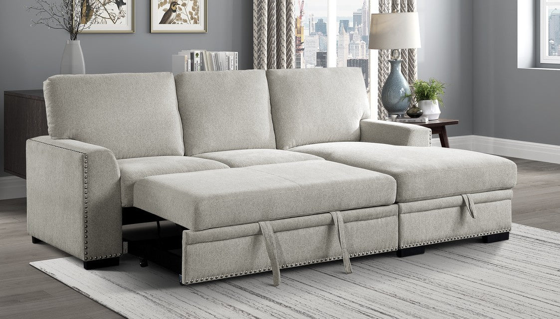 Homelegance 9468BE-2RC2L 2 pc Morelia beige chenille fabric sectional sofa with storage chaise and pop up sleep area