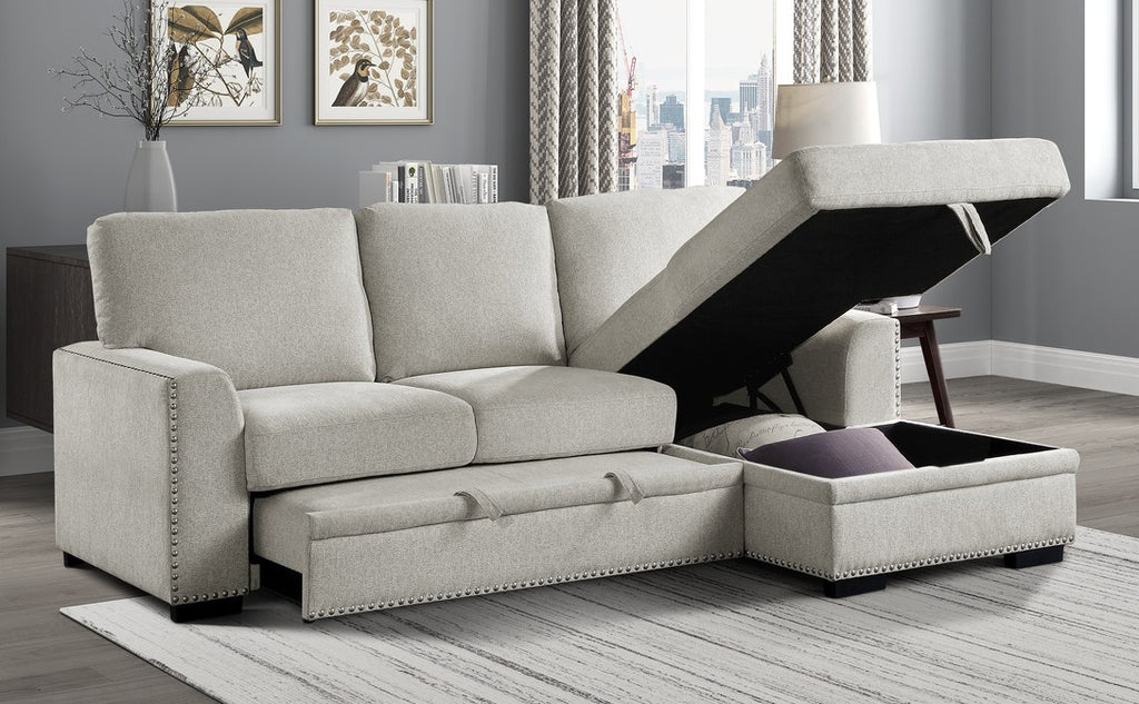 Homelegance 9468BE-2RC2L 2 pc Morelia beige chenille fabric sectional sofa with storage chaise and pop up sleep area