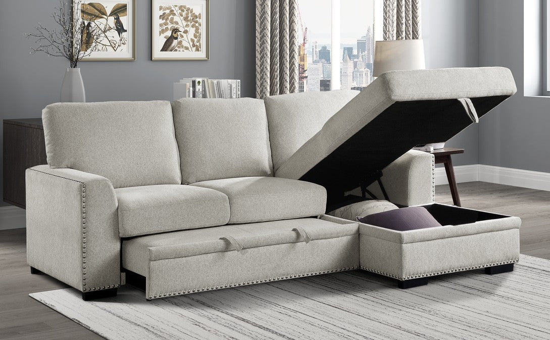 Homelegance 9468BE-2RC2L 2 pc Morelia beige chenille fabric sectional sofa with storage chaise and pop up sleep area