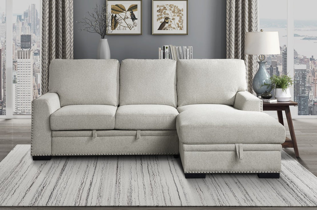 Homelegance 9468BE-2RC2L 2 pc Morelia beige chenille fabric sectional sofa with storage chaise and pop up sleep area