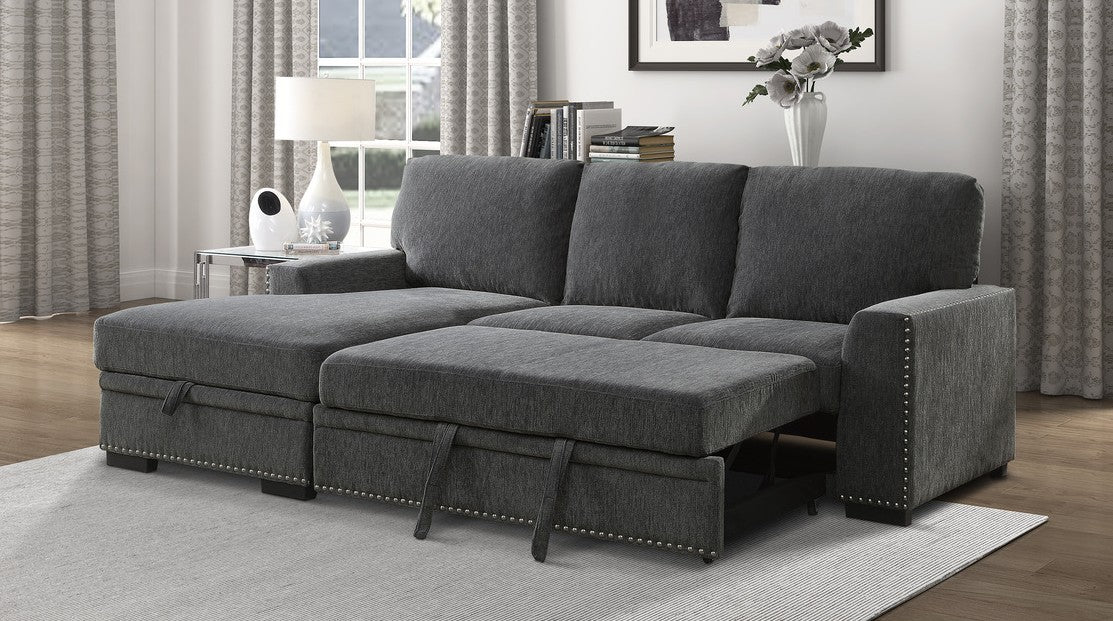 Homelegance 9468CC-2LC2R 2 pc Morelia charcoal chenille fabric sectional sofa with storage chaise and pop up sleep area