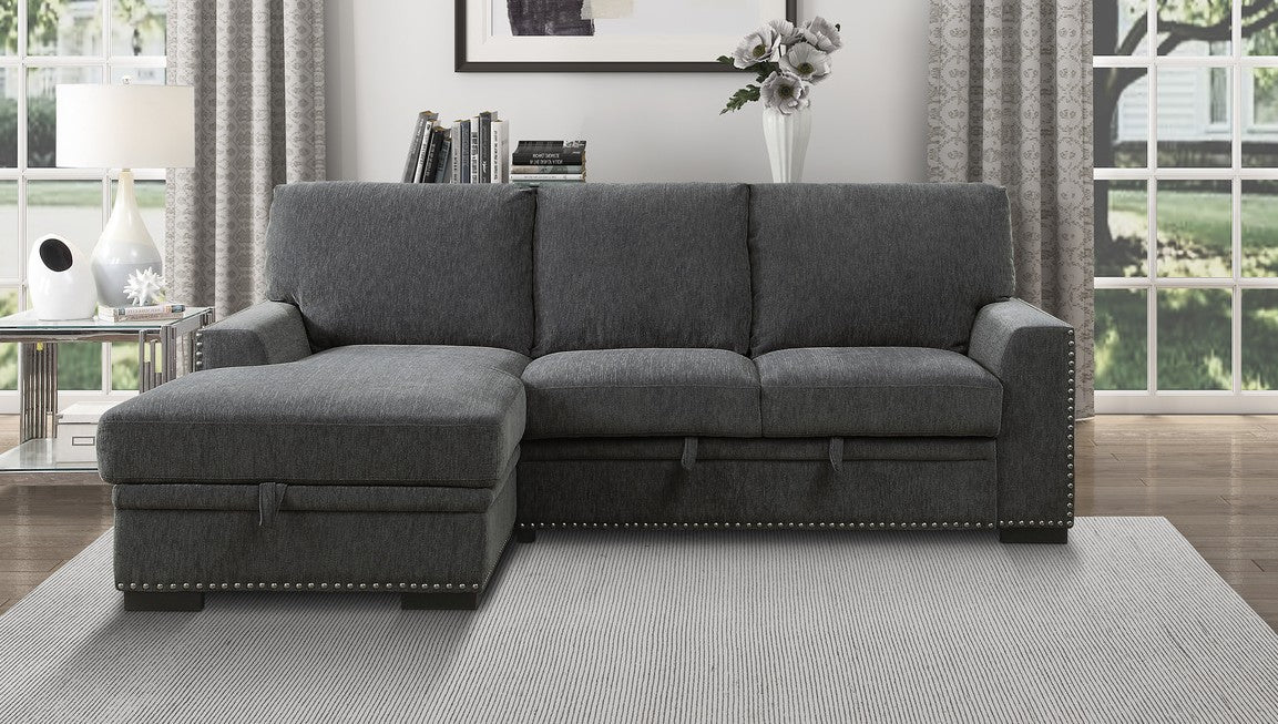 Homelegance 9468CC-2LC2R 2 pc Morelia charcoal chenille fabric sectional sofa with storage chaise and pop up sleep area