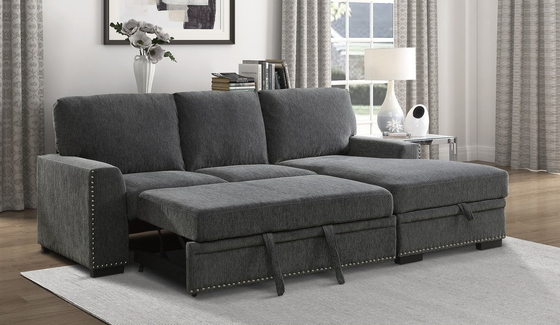 Homelegance 9468CC-2RC2L 2 pc Morelia charcoal chenille fabric sectional sofa with storage chaise and pop up sleep area
