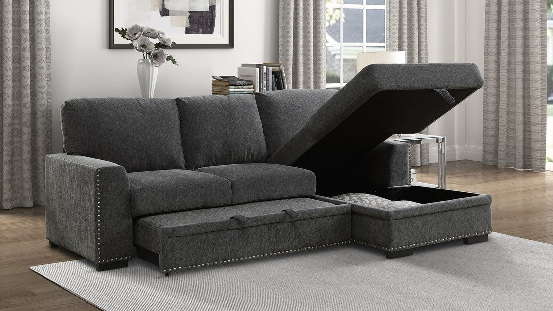 Homelegance 9468CC-2RC2L 2 pc Morelia charcoal chenille fabric sectional sofa with storage chaise and pop up sleep area
