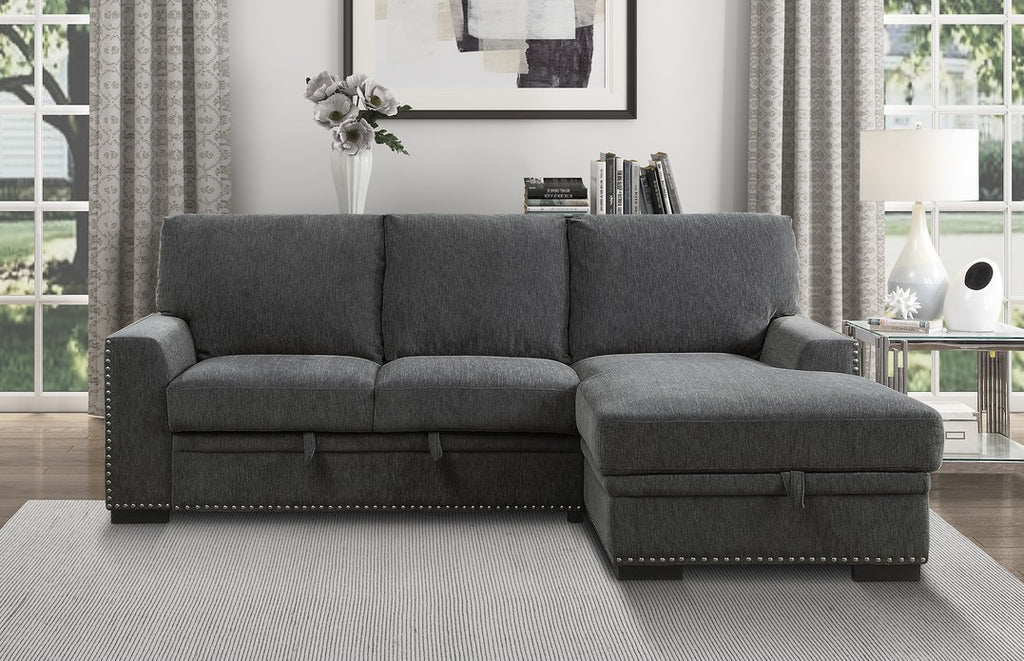 Homelegance 9468CC-2RC2L 2 pc Morelia charcoal chenille fabric sectional sofa with storage chaise and pop up sleep area