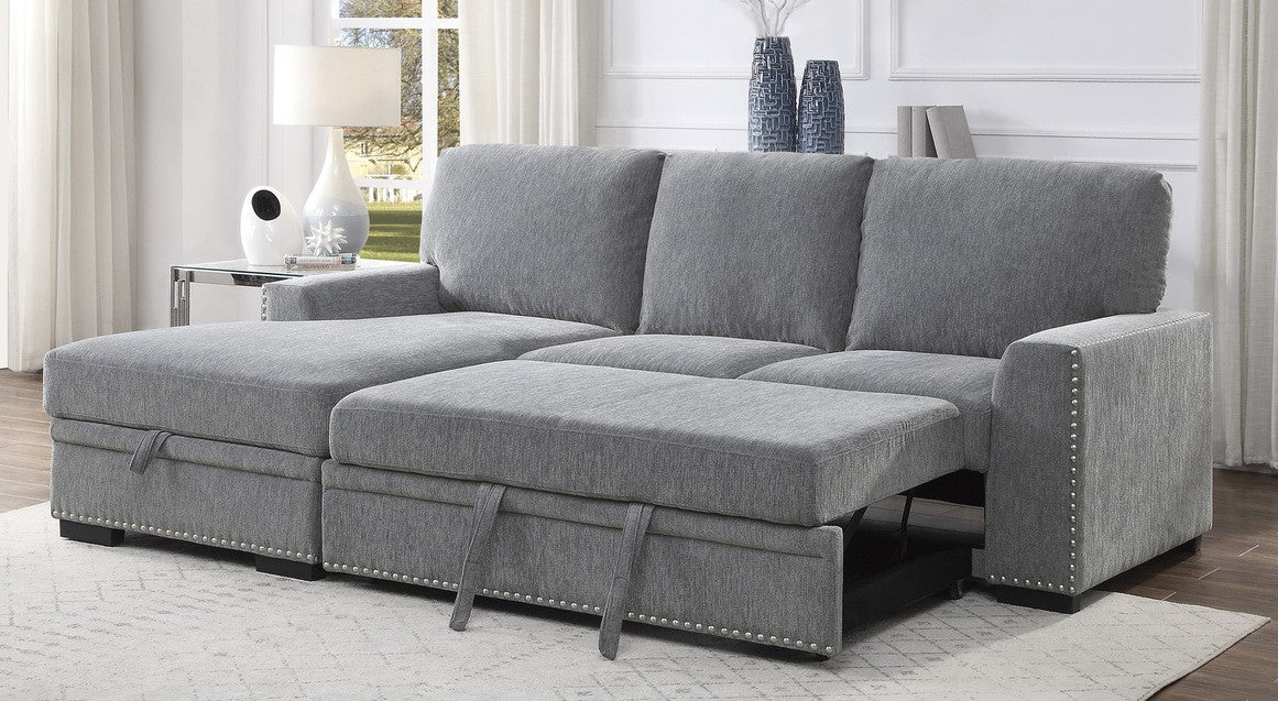 Homelegance 9468DG-2LC2R 2 pc Morelia light grey chenille fabric sectional sofa with storage chaise and pop up sleep area