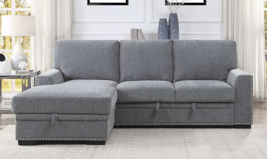 Homelegance 9468DG-2LC2R 2 pc Morelia light grey chenille fabric sectional sofa with storage chaise and pop up sleep area