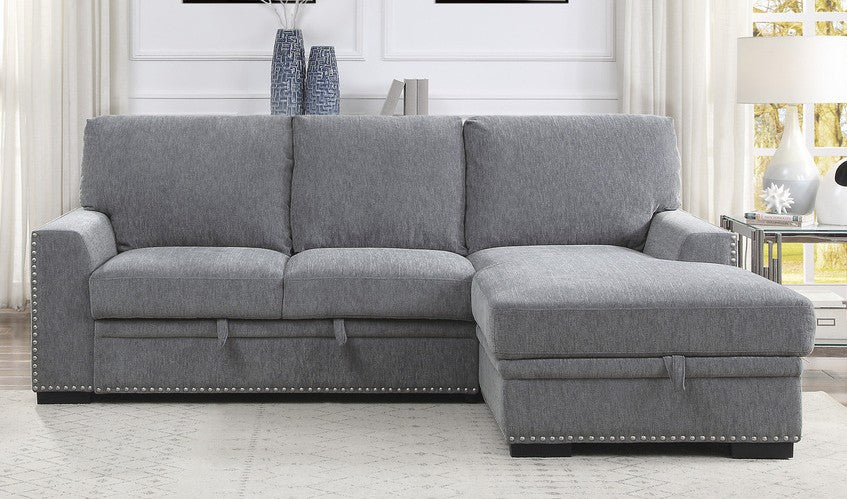 Homelegance 9468DG-2RC2L 2 pc Morelia light grey chenille fabric sectional sofa with storage chaise and pop up sleep area