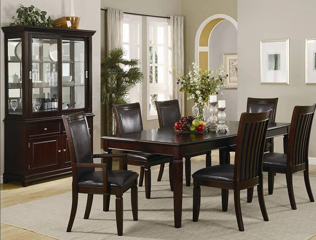 9480-7PC 7 pc Elegant espresso brown finish wood dining table set slatted back chairs