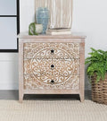 Coaster 950390 Mariska white distressed finish wood ornate medallion three drawer cabinet