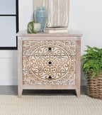 Coaster 950390 Mariska white distressed finish wood ornate medallion three drawer cabinet