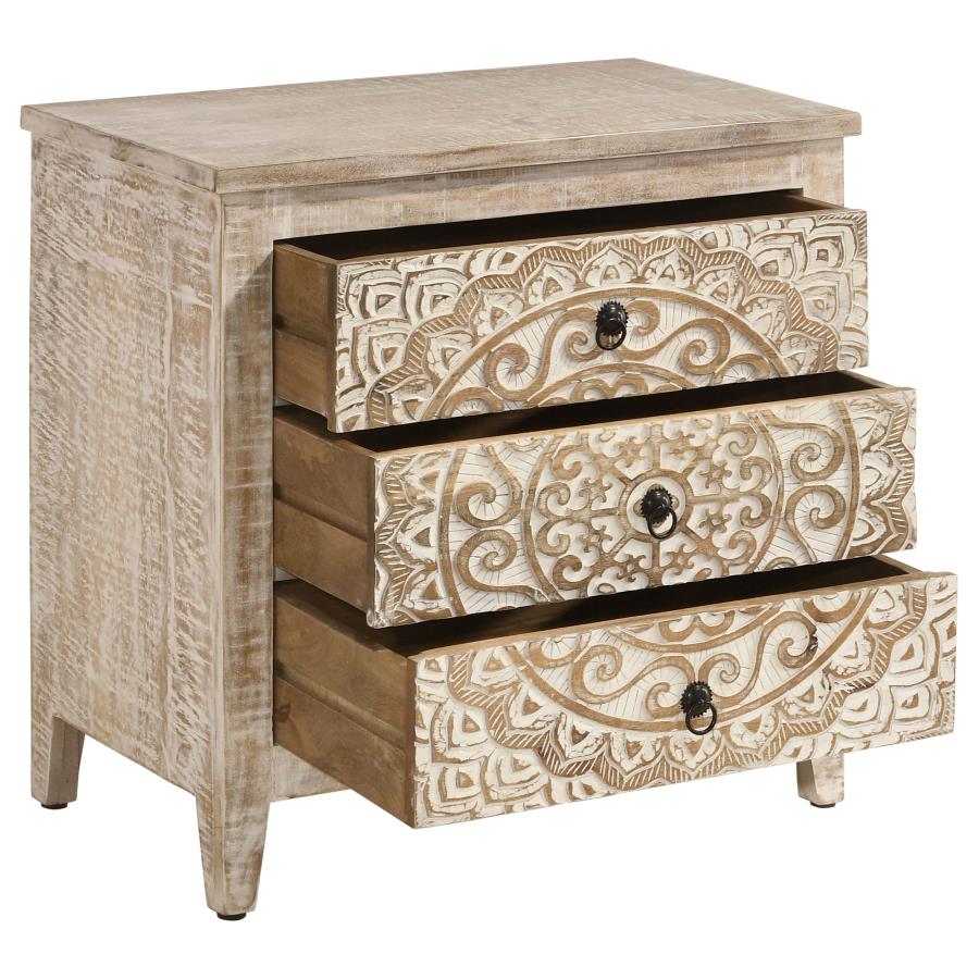 Coaster 950390 Mariska white distressed finish wood ornate medallion three drawer cabinet