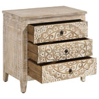 Coaster 950390 Mariska white distressed finish wood ornate medallion three drawer cabinet