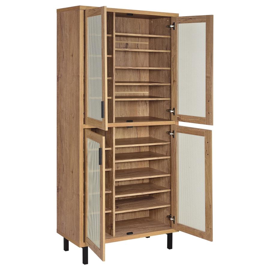 Teller Natural Oak Farmhouse Style 14-Shelf Shoe Cabinet with Metal Mesh Doors – 950440