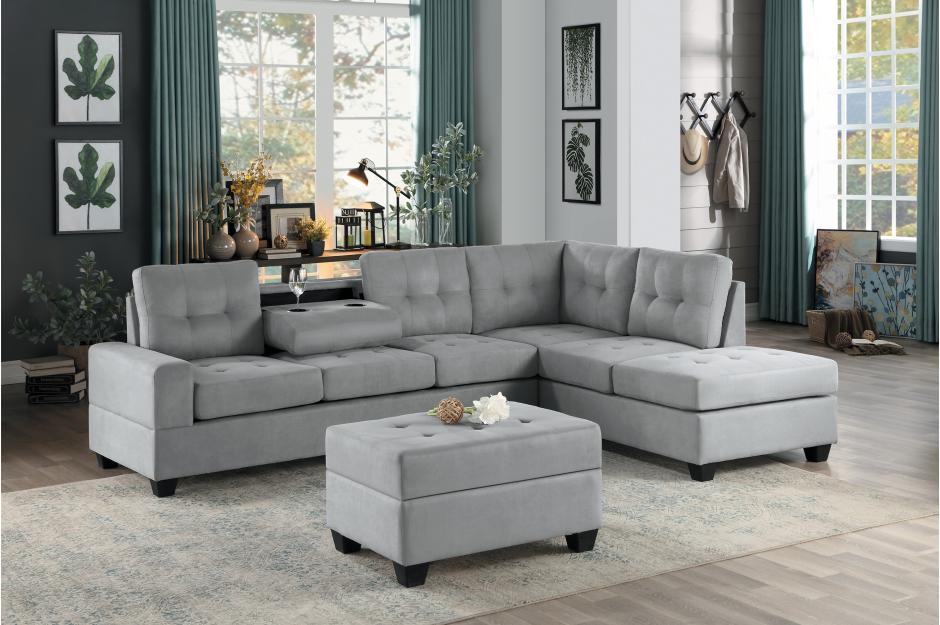 Homelegance 9507GRY-3PC 3 pc Maston gray fabric reversible sectional sofa set storage ottoman