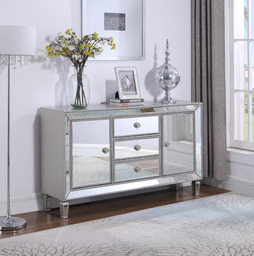 Coaster 950825 Willa arlo interiors danville mirrored front hall console entry buffet server cabinet with doors and drawers