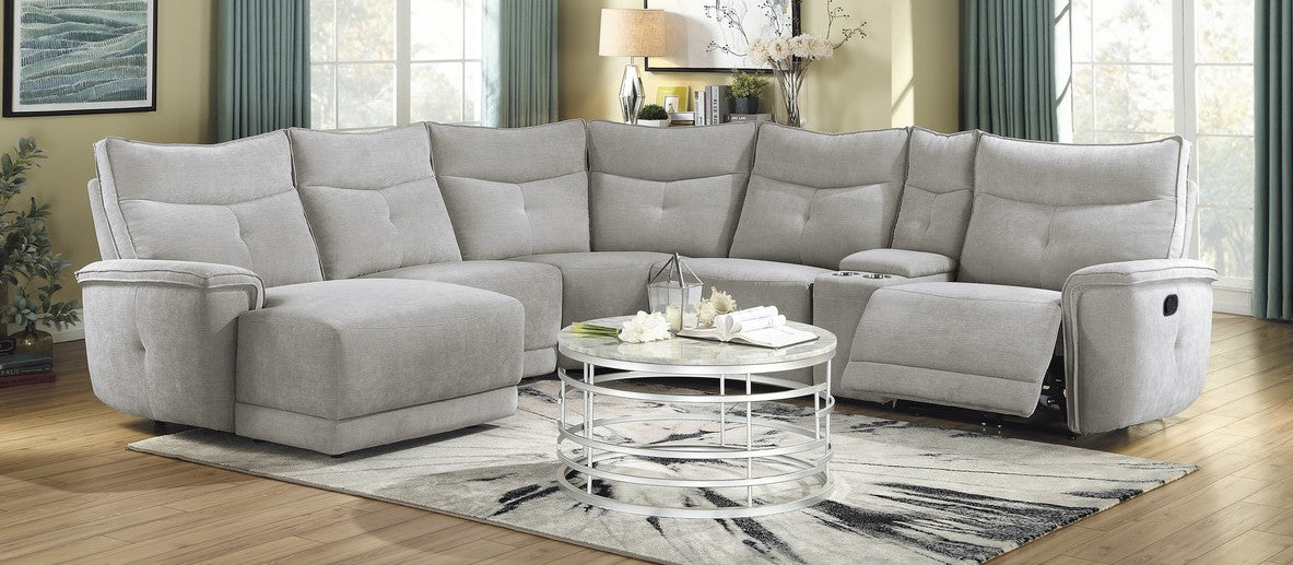 Homelegance 9509MGY-65LRR 6 pc Tesoro mist gray textured fabric sectional sofa with recliners and chaise