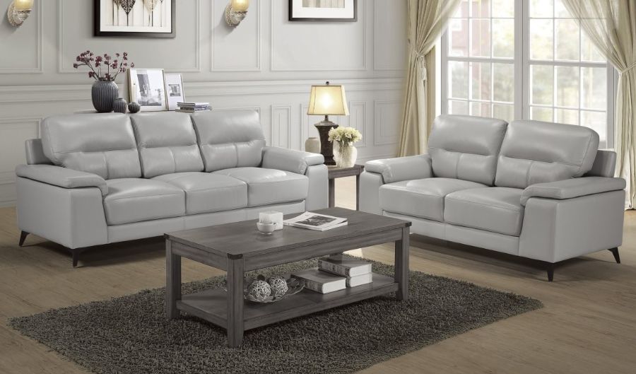 Homelegance 9514SVE-2PC 2 pc Mischa mid century modern silver gray top grain leather match sofa and love seat set wide arms
