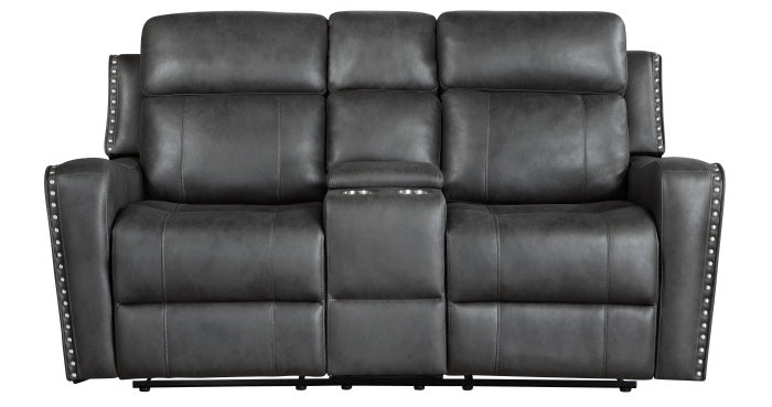Homelegance 9515DGY-2PW  2 pc Hazen dark grey faux leather sofa and love seat set with power motion recliner ends cup console nail head trim