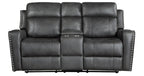 Homelegance 9515DGY-2PW  2 pc Hazen dark grey faux leather sofa and love seat set with power motion recliner ends cup console nail head trim