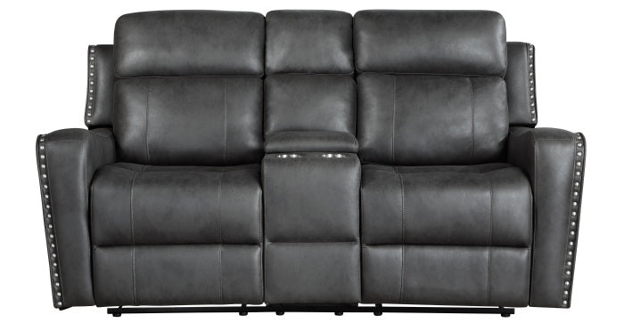 Homelegance 9515DGY-SL 2 pc Hazen dark grey faux leather sofa and love seat set with recliner ends cup console nail head trim
