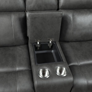 Homelegance 9515DGY-2PW  2 pc Hazen dark grey faux leather sofa and love seat set with power motion recliner ends cup console nail head trim