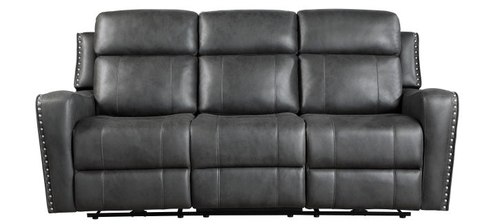 Homelegance 9515DGY-2PW  2 pc Hazen dark grey faux leather sofa and love seat set with power motion recliner ends cup console nail head trim