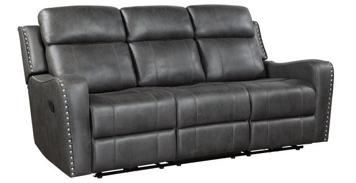 Homelegance 9515DGY-SL 2 pc Hazen dark grey faux leather sofa and love seat set with recliner ends cup console nail head trim
