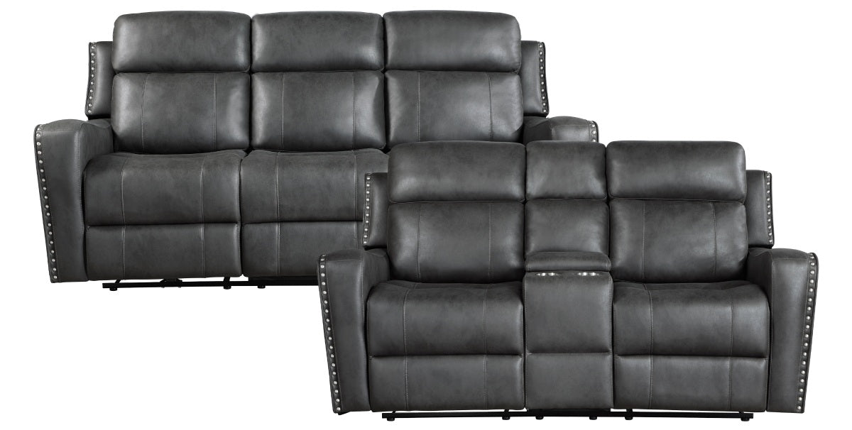 Homelegance 9515DGY-2PW  2 pc Hazen dark grey faux leather sofa and love seat set with power motion recliner ends cup console nail head trim