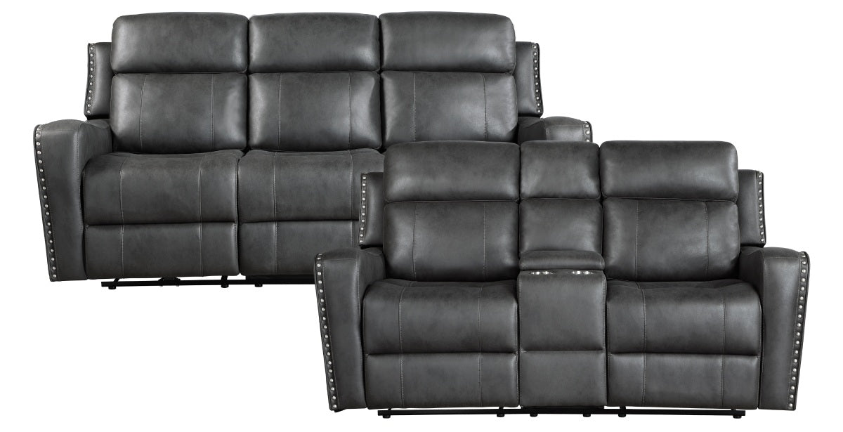 Homelegance 9515DGY-SL 2 pc Hazen dark grey faux leather sofa and love seat set with recliner ends cup console nail head trim