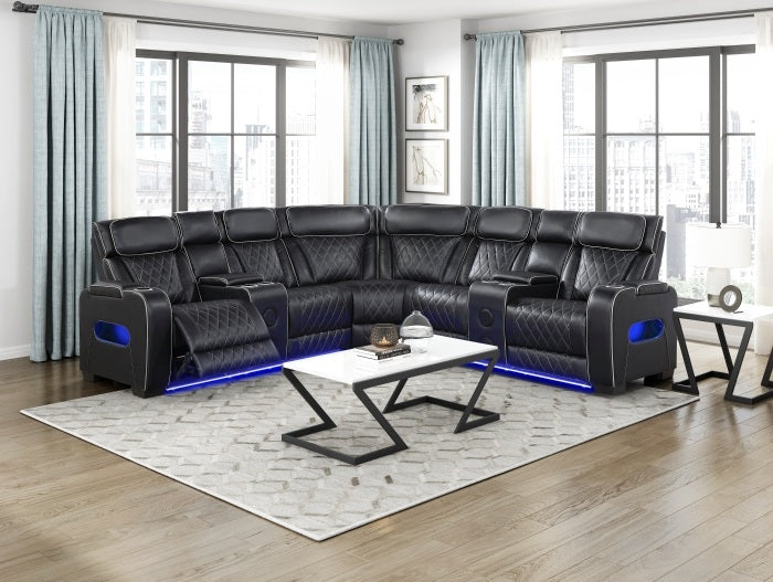 Homelegance 9516BLKS-32LCN2RCNPWH 3 pc Bastrop fortuner black faux leather sectional sofa with power motion recliners LED lighting