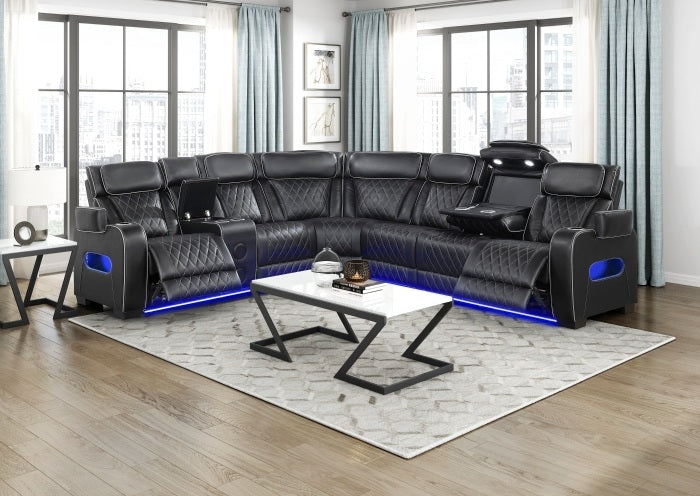 Homelegance 9516BLKS-32LCN3RPWH 3 pc Bastrop fortuner black faux leather sectional sofa with power motion recliners LED lighting