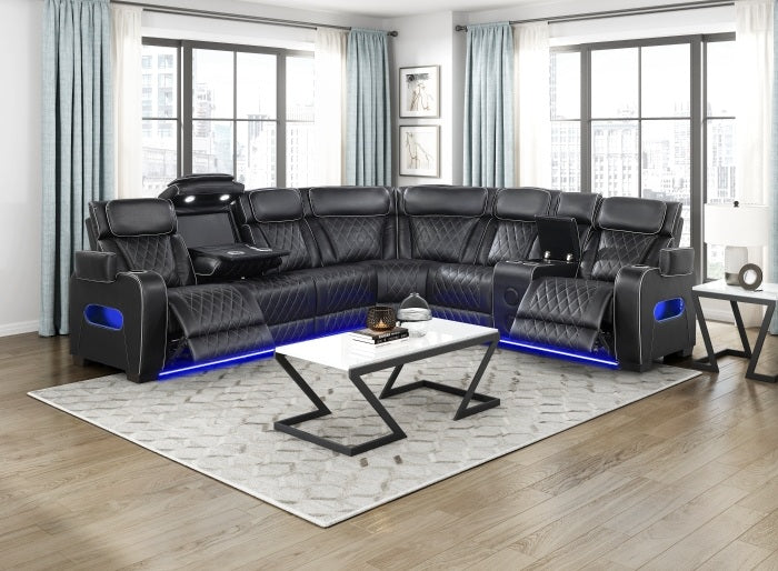 Homelegance 9516BLKS-33L2RCNPWH 3 pc Bastrop fortuner black faux leather sectional sofa with power motion recliners LED lighting
