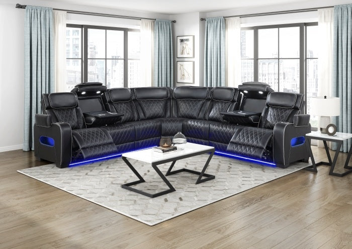 Homelegance 9516BLKS*33L3RPWH 3 pc Bastrop fortuner black faux leather sectional sofa with power motion recliners LED lighting