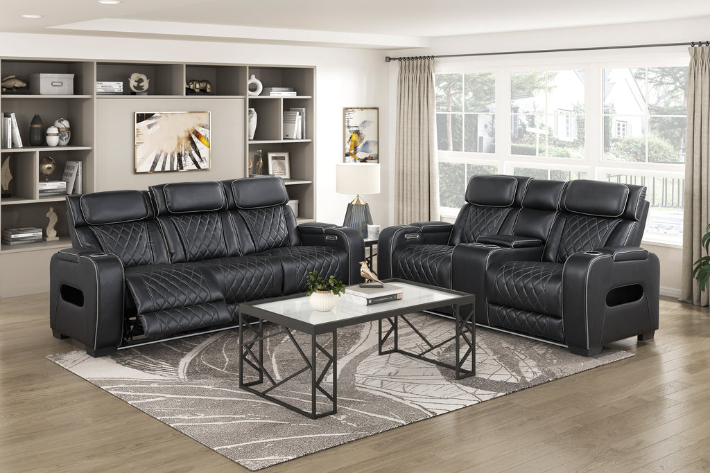 Homelegance 9516BLK-2PWH 2 pc Fairway black breathable faux leather power motion sofa and love seat set USB LED