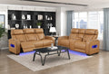 Homelegance 9516BRW-2PWH 2 pc Fairway tan breathable faux leather power motion sofa and love seat set USB LED
