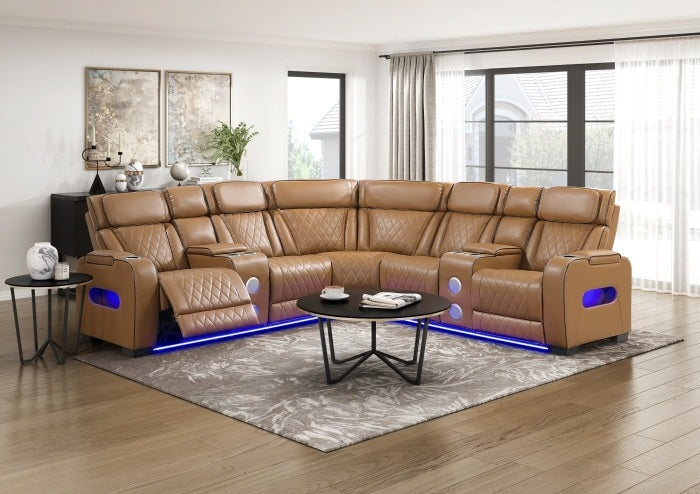 Homelegance 9516BRWS-32LCN2RCNPWH 3 pc Bastrop fortuner brown faux leather sectional sofa with power motion recliners LED lighting